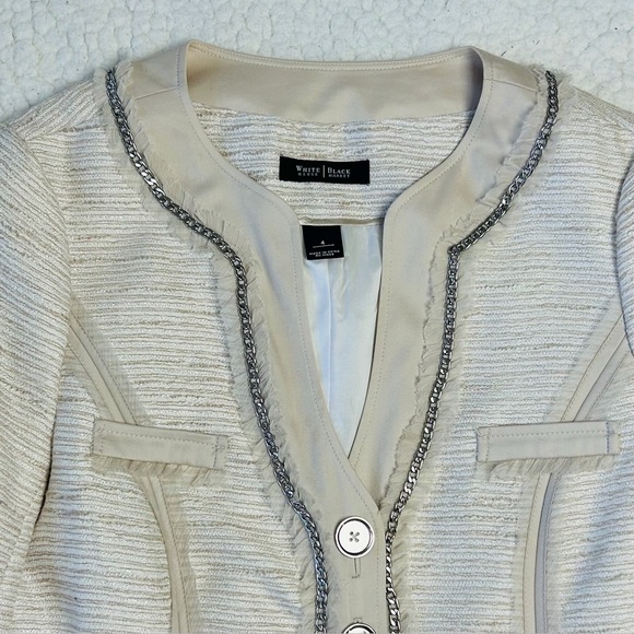 White House Black Market 2 Piece Pants Suit Size 4 Beige Tweed Embellished - Picture 6 of 15